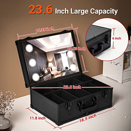 Zvmttoy Large Makeup Train Case With Mirror And Light & Jewelry Box, Professional Makeup Travel Case With Makeup Brushes Organizer Adjustable Dividers, Rechargeable, Waterproof (23.6 Inch Capacity) #TOP2