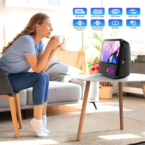 Image of 9.8 inch Portable DVD Player, 7 inch 1024x600, for Kids, Bluetooth 5.1 & 4000mAh | Bluetooth 5.1 TX & RX, compact, for kids car travel home, 3-5 hour playback, USB /AUX, plays DVD /CD, AV to TV, resume playback