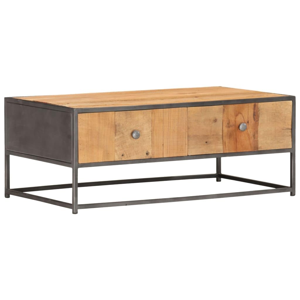 Table basse 2 tiroirs en bois massif vieilli, meuble de rangement industriel 90 cm