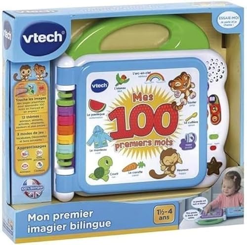 VTech - Mon Imagier Bilingue, Imagier Parlant Mes 100 Premiers Mots, Livre Sonore, 12 Pages Illustrées et Interactives, Jouet Éducatif, Cadeau Enfant Dès 18 Mois - Contenu en Français et Anglais