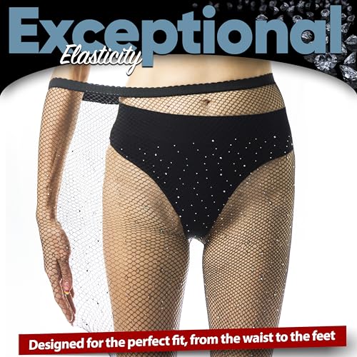 Black Rhinestone Fishnet Tights with Back Seam - Sparkling High Waist Pantyhose - Stylish and Sexy Glitter Stockings for Parties and Events - Seamless, Tear-Proof Design for Ultimate Durability3