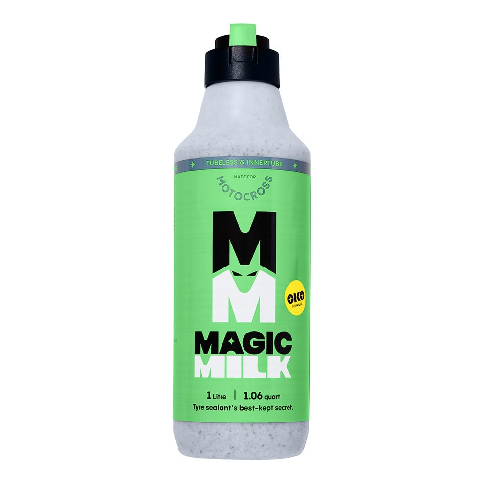 Magic Milk Motocross Bike Inner Tube and Tubeless Tyre Sealant 1L – With Innovative Cap for Easy Application – Seals 9mm Punctures in Dirt Bike, Scooter and Moped Tyres – CO2 Cartridge Compatible