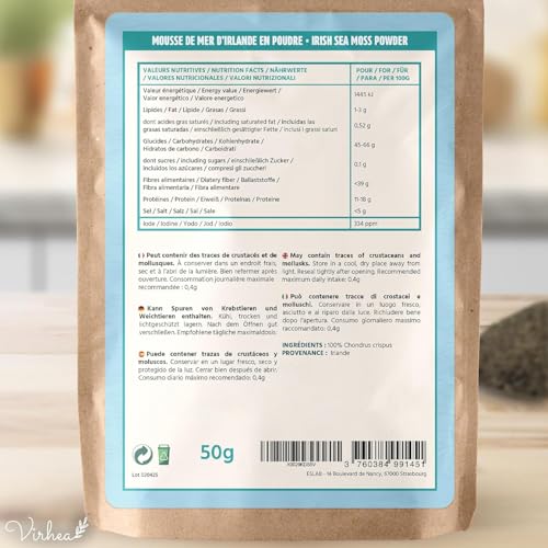 VIRHEA® Meermoos Pulver 50g - Bio Lappentang aus dem Atlantik - Getrocknete Algen für Nudeln, Frittierte Miso-Suppe und Meersalat - Vielseitige Verwendung in der Küche