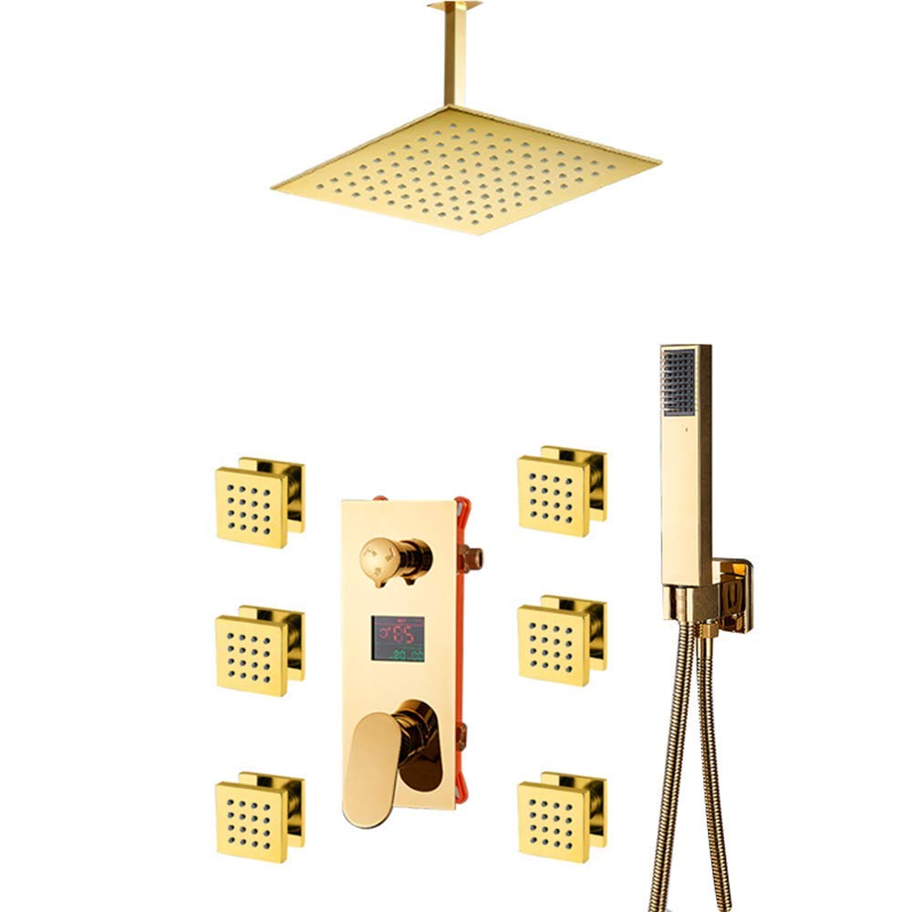 Ducha de lluvia LED con pantalla digital, mezclador de lluvia dorado, juego de grifo de ducha montado en el techo con cabezal de ducha, ducha de mano,