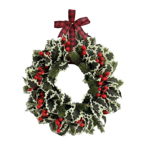 13.78in Christmas Wreath with Berries Plaid Bow for Front Door Wall - image 1