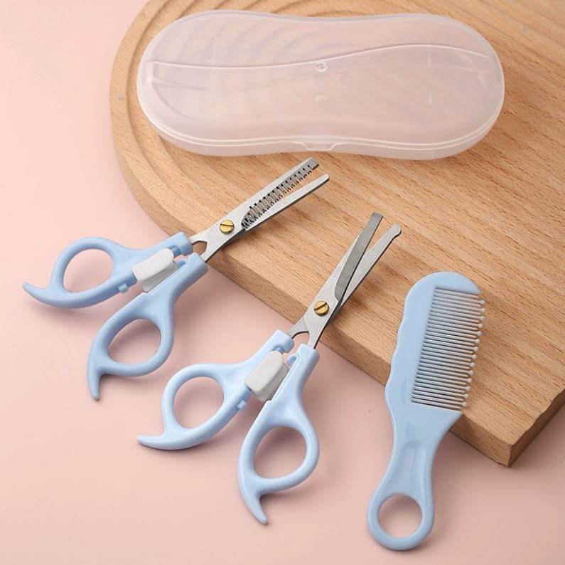 1 conjunto de tesouras de corte de cabelo para casa com tesouras finas e planas, alças de segurança, estojo portátil para cortes de cabelo de viagem em família, azul