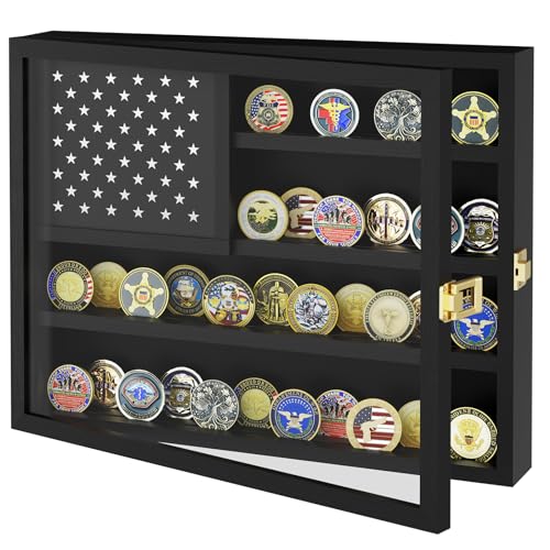 Image of TJ.MOREE Challenge Coin Display Case for Collection Wall Mount Black Wood | 13x15.8inches, American Flag Design & Hidden Storage Compartment