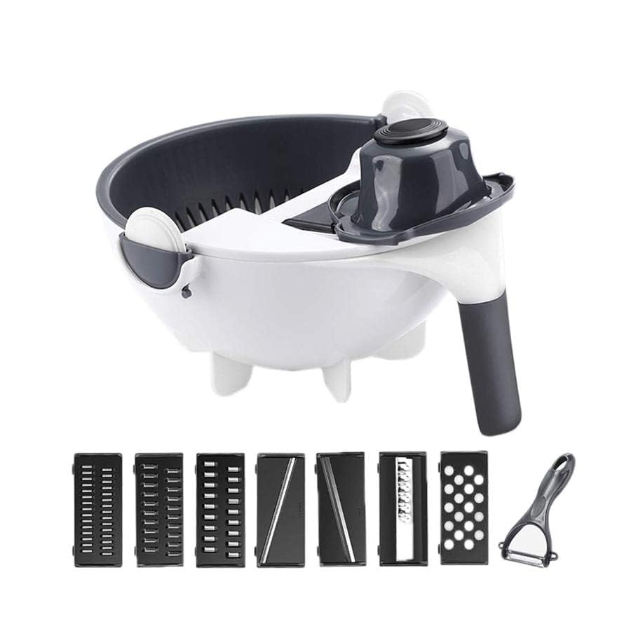 Tazweeq 9 In 1 Vegetable Cutter, Basket Shredder, Multifunctional Magic Rotate Fruit Slicer, with 2L Drain, Grater Food Slicer Simple, White and Grey