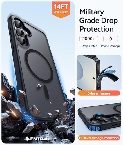 Image of FNTCASE for Samsung Galaxy S25 Plus Case: Samsung Galaxy S24 Plus Phone Case [Fit with Magsafe] Translucent Matte Case [Screen Protector] Military Grade Shockproof Protective Phone Cover-Black