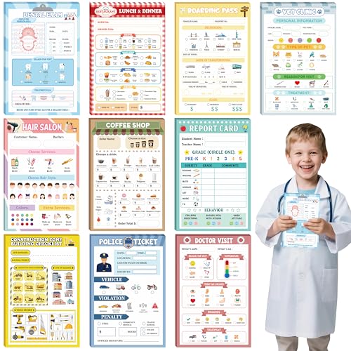 TICIAGA Kids Pretend Play Notepads - 10PCS 4 x 6 Inch Playtime Pad Included Restaurant Police Vet Doctor Visit Coffee Salon Notepad 30 Pages Pretend Notebook Imaginative Role for Toddler Kid Play Game