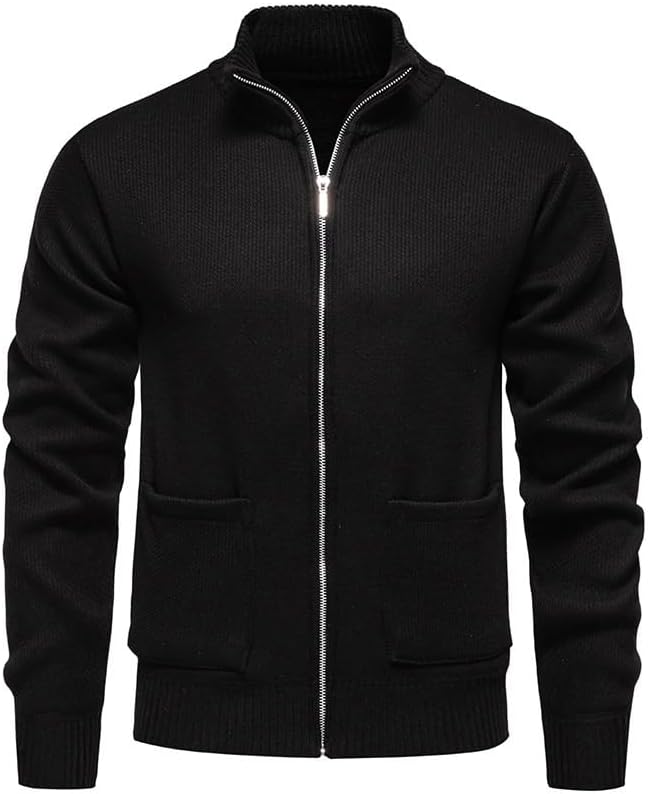 Mens Knit Sweater Cardigan Pullover Fashion Casual Stand Collar Plain Color Vintage Knitted Sweaters