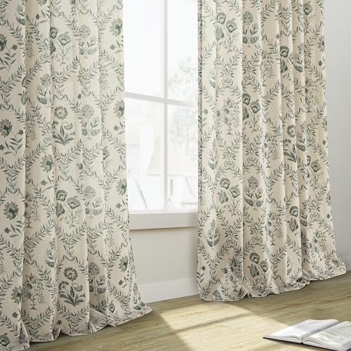 Image of Printed Floral Printed Curtains 96 Inches Long for Living Room Back Tab | Botanical Linen Curtain, Flower Patterned, Sage Green on Beige, Vintage, Country, Shabby Chic, Boho Drapes, Bedroom Dining