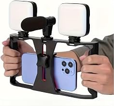 1pc Universal Handheld Phone Stabilizer Rotating Ball Head Mount, Smartphone Microphone Stand, Live Streaming Fill Light Tripod with Three Cold Shoe Mount Ports Multiple 1/4-inch Extension Interfaces
