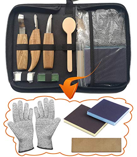 PRUGNA Wood Carving Tools Set for Spoon, Kuksa, etc. Carving Kit Contains 3 Knives, Sanding Sponges, Whetstone, Strop and Polishing Compound - with Exquisite Portable Case