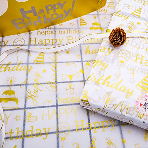 Mr Five Large Size Gold Birthday Tissue Paper Bulk,20" X 28",White With Gold Happy Birthday Design Tissue Paper For Gift Bags,Gold Happy Birthday Tissue Paper For Birthday Party,30 Sheets #TOP1