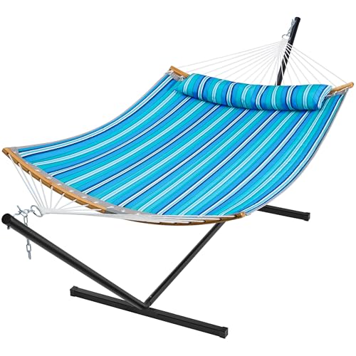 SUPERJARE Hammock with Stand, 2 Person Heavy Duty Hammock Frame, Detachable Pillow & Strong Curved-Bar & Portable Carrying Bag, Perfect for Outdoor & Indoor-Aqua Blue