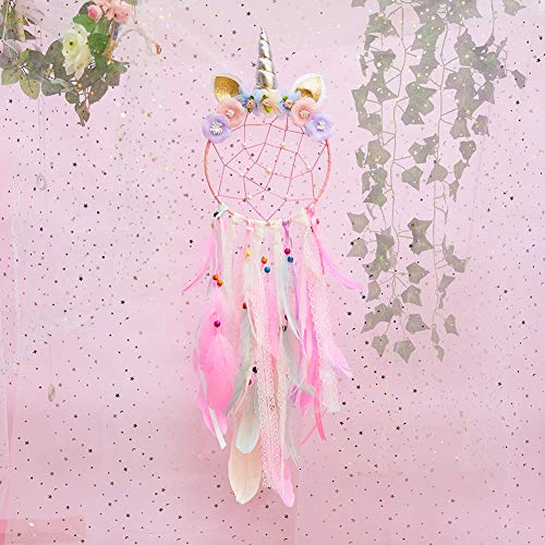 Beinou Unicorn Dream Catcher Colorful Feather Dream Catchers Handmade Flowers Dream Catchers Wall Hanging Dream Catcher for Girls Kids Nursery Bedroom Decoration Blessing Gift - Thumbnail 4