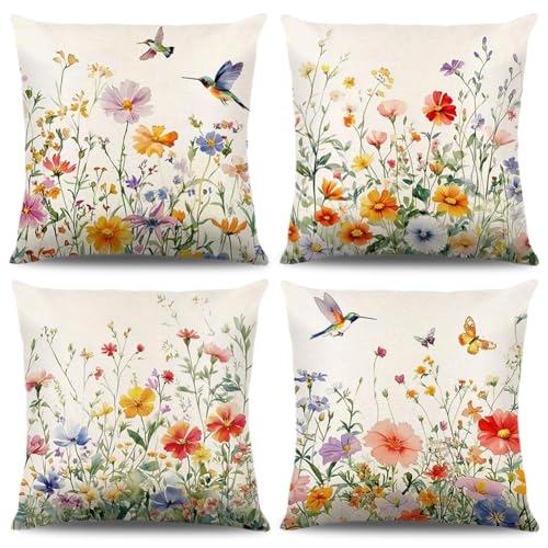 4 Stück Frühling Kissenbezug 40x40 cm Kissenbezüge Frühlingsblumen Frühlingsdeko Kissen Kissenhülle Leinen Blumen Vögel Wildblumen Schmetterlinge Tulpen für Schlafzimmer Wohnzimmer Sofas Deko (C)