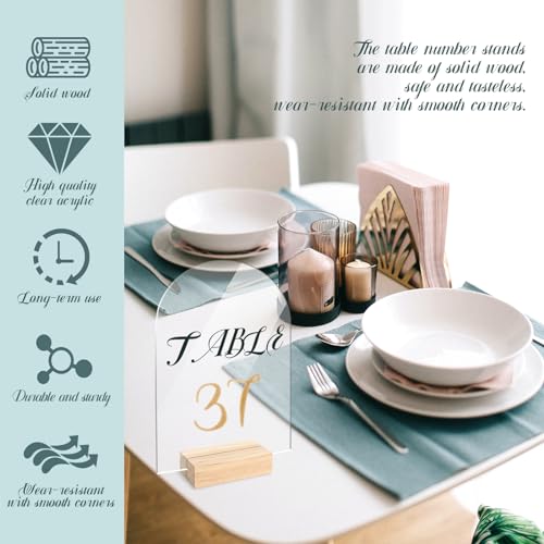 Image of Bercoor 5 Pack 5x7 Inch Blank Clear Arch Acrylic Sign with Wooden Stands, Arched Round Top Acrylic Sheet, DIY Acrylic Arch Table Numbers for DIY Name Card Gifts Event Party Sign Decoration