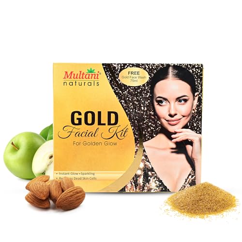 Multani Naturals Gold Facial Kit For Instant Glow & Removes Dead Skin Cells | 6 Products in one Box | Cleansing Cream , Massage Cream, Scrub, Face Pack , massage Gel and Free Face Wash (65ML) | 100 ml