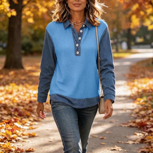 Waffle Tops for Women Jean Patchwork Collared Button Fashion Shirts - image 2
