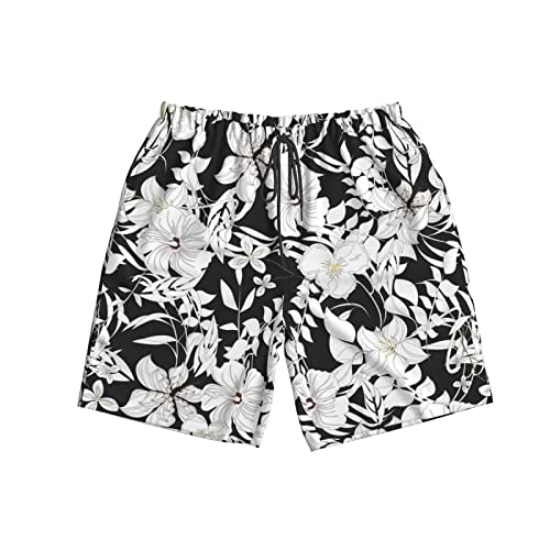 Elegant Flowers Floral Black White Vintage Mens Swim Trunks Beach Shorts Summer Sports Running Bathing Suits