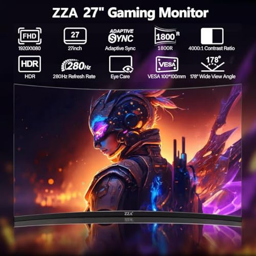 Image of ZZA 27'' 280Hz 240Hz Gaming Monitor, Curved Monitor 1800R VA FHD 1080P 1ms, AMD FreeSync Premium, HDR Ready,120% sRGB, HDMI DP, VESA Mountable, Low Motion Blur, Flicker-Free & Low Blue Light
