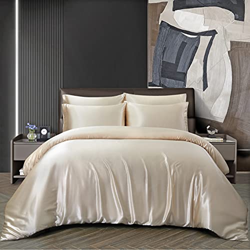 Chvonttow 5 Pieces Satin Duvet Cover Full Queen Size Champagne Luxury Silky Bedding Duvet Cover Set with Zipper Closure, 1 Duvet Cover + 4 Pillowcases (Champagne, Full Queen)