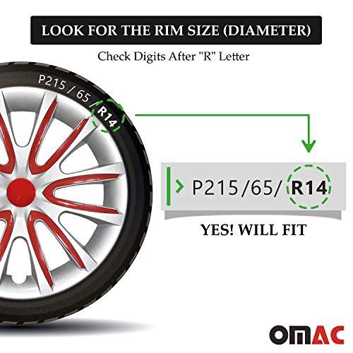 Omac Wheel Rim Cover Hubcaps | Car Accessories 14 Inch Oem Style Hub Caps 4 Pcs Set | Auto Tire Replacement Exterior Caps Gray With (Red) #TOP3
