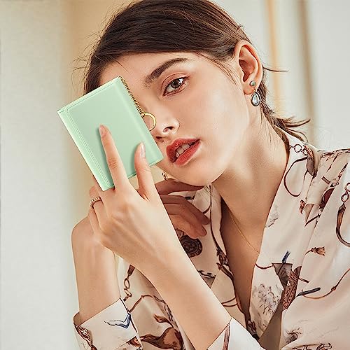 Image of Rouidr Womens Wallet, Small Slim RFID Card Wallets for Women, Cute Front Pocket Trifold Leather Card Organizer with 7 Slots & ID Window, Green