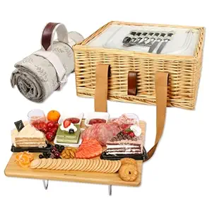 Hap Tim Wicker Picnic Basket for 2 with Mini Folding Wine Picnic Table & Large Insulated Cooler Bag & Cutlery Service Kits for 2 Person, Couples Gifts, Wedding Gifts (Y2307-2-CM)