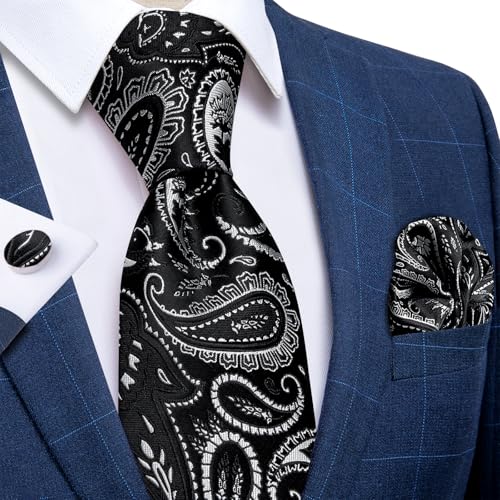 Image of DiBanGu Mens Paisley Tie Set Silk Woven Jacquard Necktie and Pocket Square Cufflinks Gift Set for Wedding Bussiness