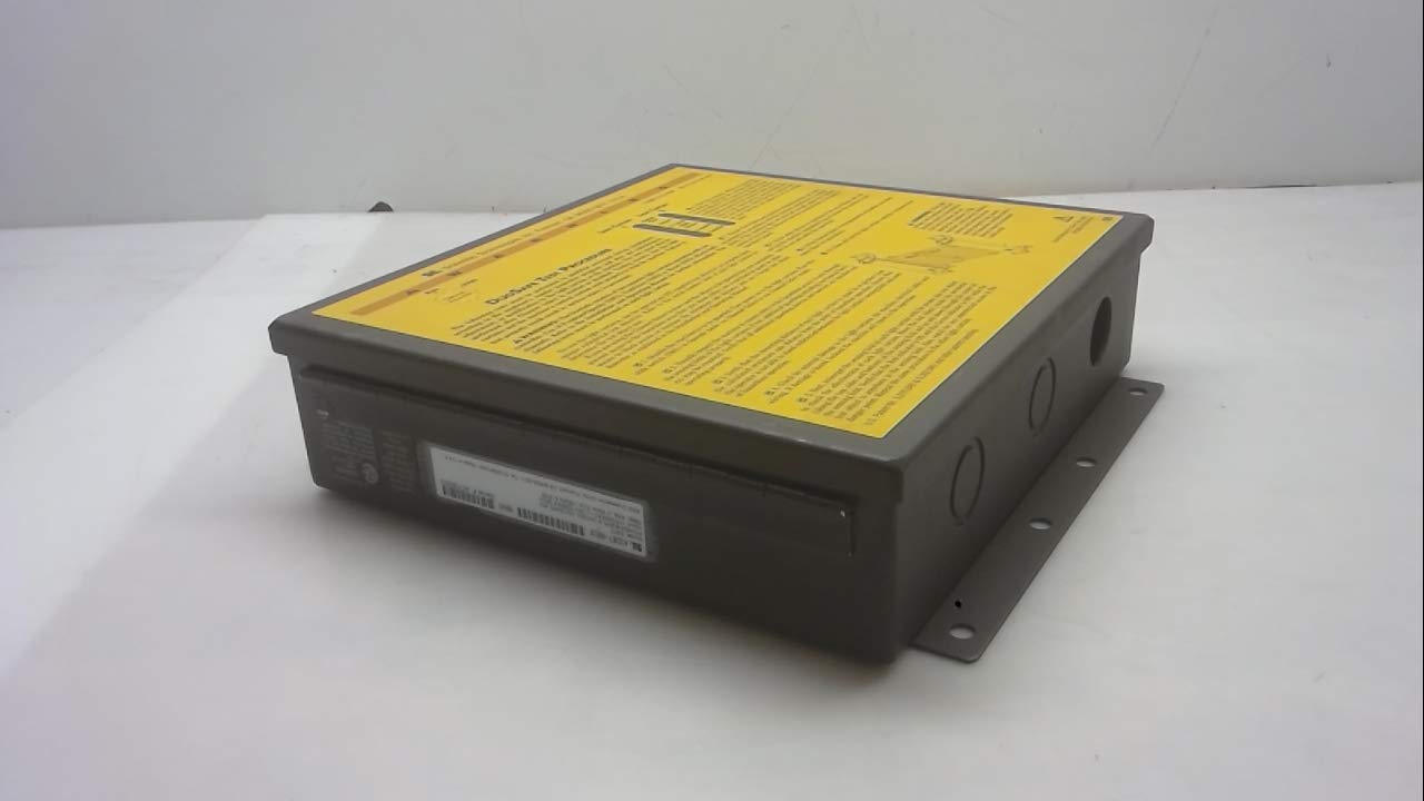 Apa view of the STI DSC1 Power Supply Controller, showing mounting brackets and conduit knockouts.