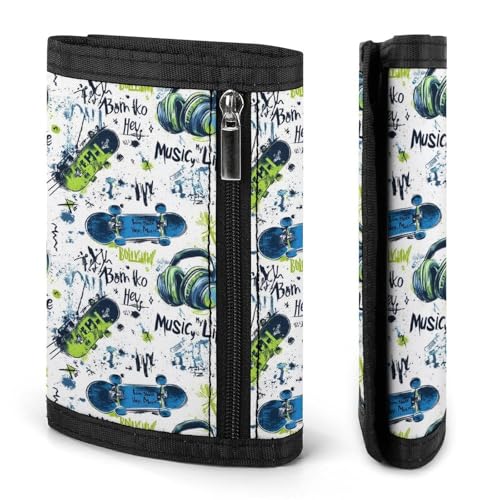 Music Skateboard Graffiti Print Wallet for Men, 8 Credit Card Holder Slim Minimalist Front Pocket Small Mens Bifold Wallets2