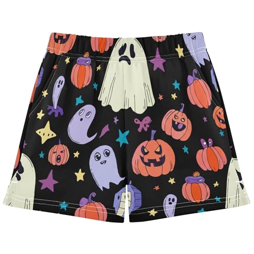 Colorful Ghost Pumpkins Black Girls Shorts Cute Casual Athletic Youth Summer Pajama Sleepwear Activewear, X-Small