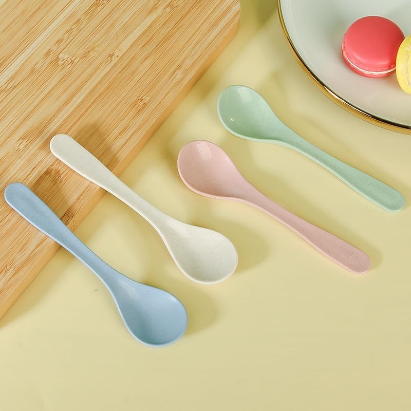 4Pcs Beige Spoons,Wheat Straw Household Long Handle Small Soup Spoons
