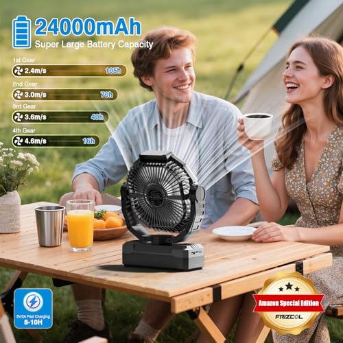FRIZCOL 3-in-1 Camping Fan - Portable Fans Rechargeable - 24000mAh Battery Powered Fan(105Hrs) with Light & Remote for Indoor, Outdoor, Tent, Travel, Fishing, Jobsite, Gifts for Men Dad Him - Black - Image 3