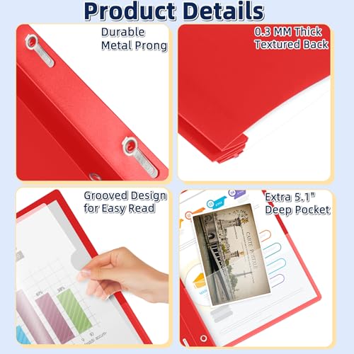 Image of HAUTOCO 12 Pack Plastic Report Covers with 3-Prong Fasteners Clear Front Presentation Folders Resume Folders for 8.5x11 Letter Size Paper, Document Report Cover for School Office Business, Red