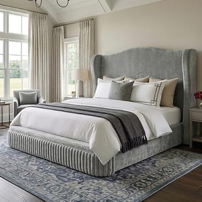 Homkdom 49" Cloud Bed Frame, Soft Queen Size Bed Frame with Extra High Wingback Headboard, Shimmering Fabric & Thick Corduroy Design for Stability, No Box Spring Needed, Easy Assembly, Grey