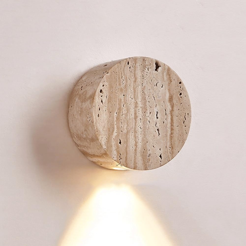NHPJFDC Modern Natural Yellow Travertine Stone Wall Sconce Round Minimalist Bedside Wall Lamp for Bedroom Hallway Living Room Stairs G4 Base Warm Light 4 Inch Diameter