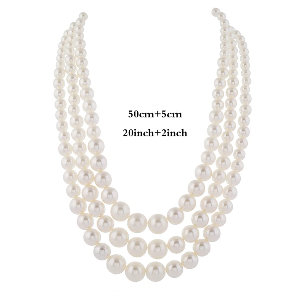JKJF Multi Strand Pearl Necklace 1920s Flapper Pearls Necklace 3 Layered Pearl Necklace Faux Pearls Necklace for Wedding Prom Halloween Cosplay Tea Party Banquet