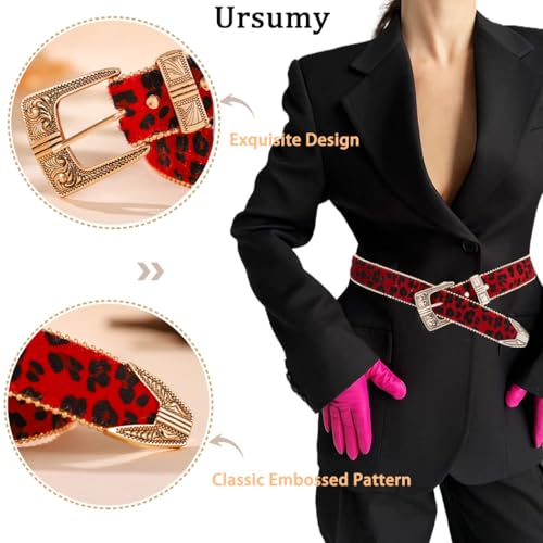 Ursumy Women Red Leather Belt Leopard Print Belt Rhinestone Belt Vintage Belt Western Fashion Cowboy belts for Jeans Dress4