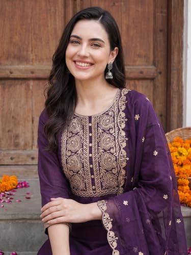 Image of INDO ERA Women's Silk Blend Embroidered Straight Kurta Pant with Dupatta Set