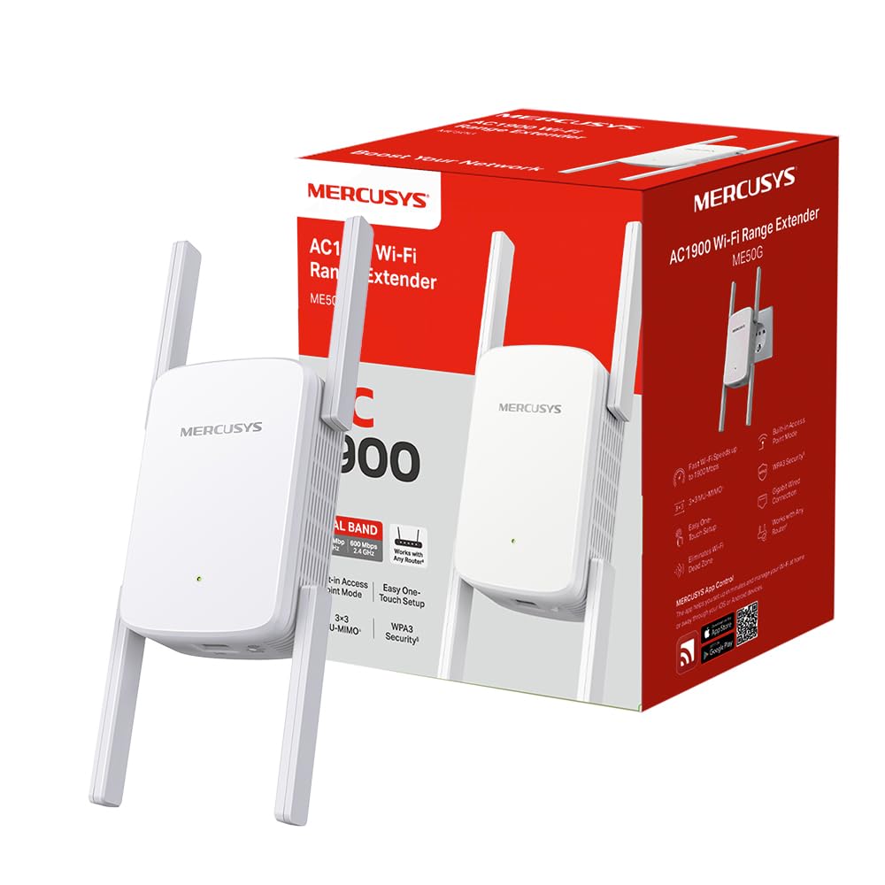 Mercusys Répéteur WiFi Puissant 1900 Mbps Bi-Bande, Port Gigabit, ME50G | Compatible toutes box, MU-MIMO, Profitez d'une connexion rapide dans toute la maison, Idéal pour le Streaming 4K