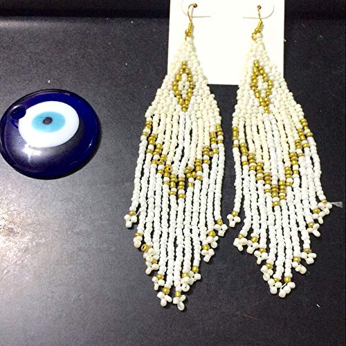Native American Beaded Earrings Jewelry for Women Oversized Handmade Seed Long Beaded Drop Earrings with Hook for Gift (White)3