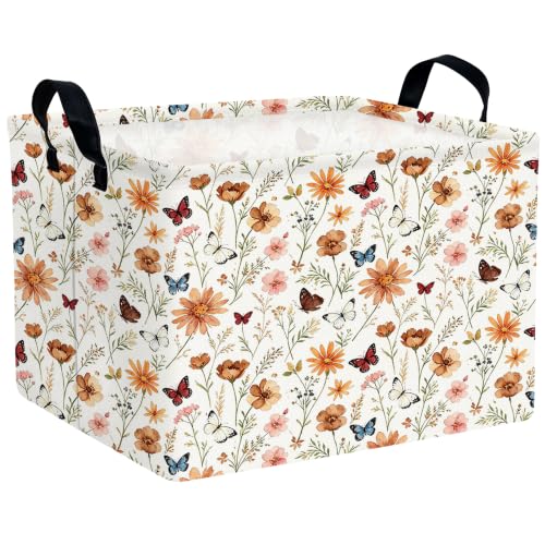 Rectangular Cute Flower Gift Basket Collapsible Fall Floral Storage Bin Boho Wildflower Baby Girl Nursery Room Decor (Orange Wild Flower Butterfly)