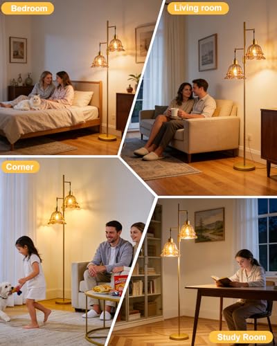 Image of Lightdot Glass Floor Lamp Amber Flower 2-Light Dimmable Gold Floor Lamps