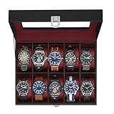 SONGMICS Watch Box, 10-Slot Watch Case Organizer with Large Glass Lid, Removable Pillows, Valentine's Day Gifts, Black Synthetic Leather, Wine Red Lining UJWB010R01