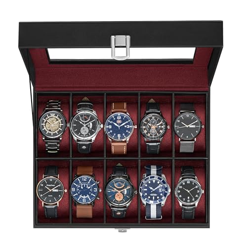 Image of SONGMICS Watch Box, 10-Slot Watch Case Organizer with Large Glass Lid, Removable Pillows, Gift for Loved Ones, Black Synthetic Leather, Wine Red Lining UJWB010R01