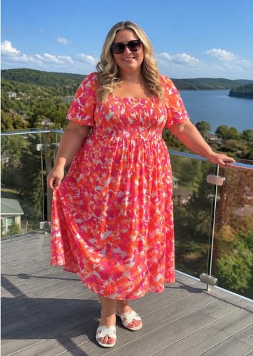 Image of RITERA Plus Size Dresses for Curvy Women Square Neck Short Sleeve Summer Floral Smocked Maxi Dress with Pocket XL-5XL